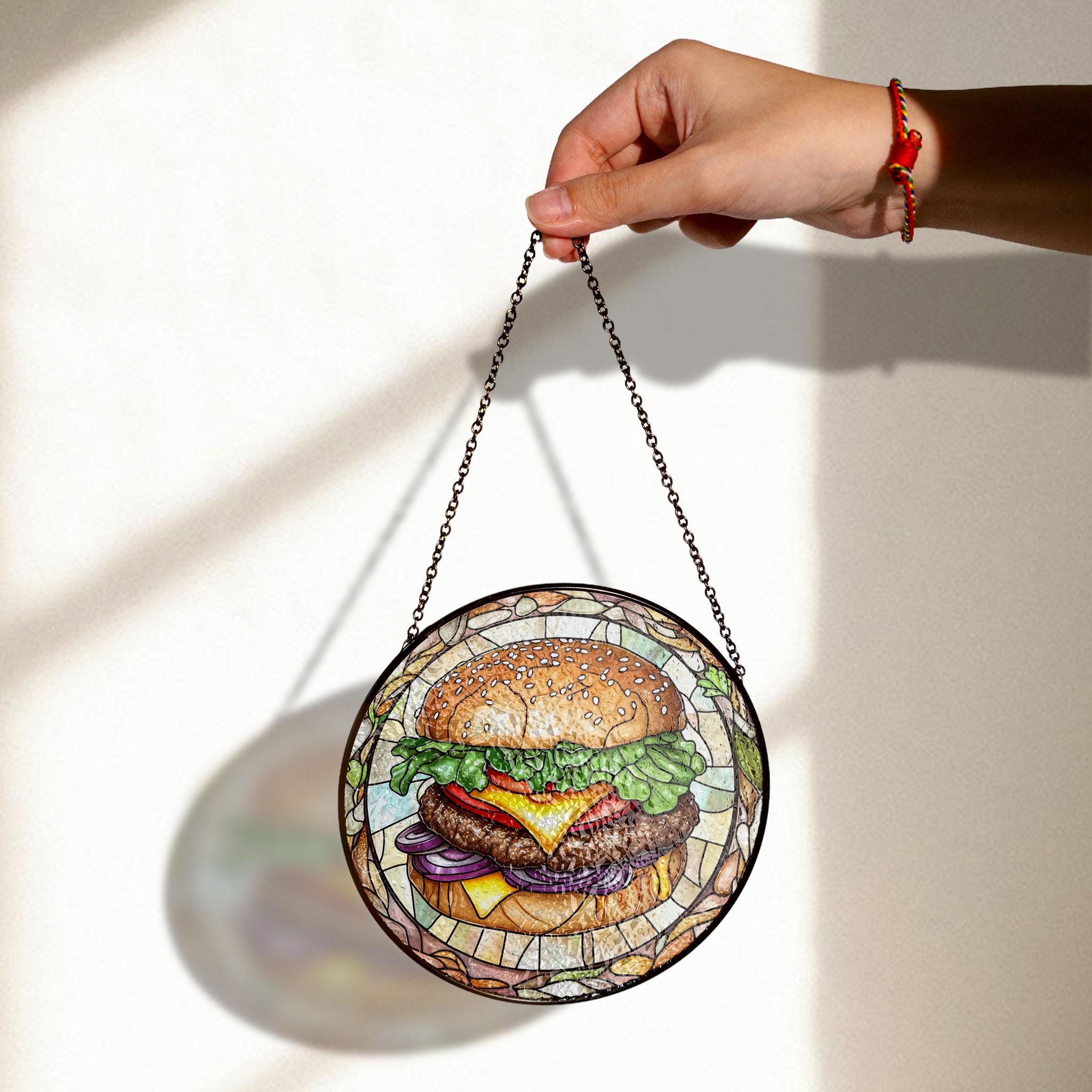 ハンバーガーのステンドグラスサンキャッチャー、レトロなダイナー風
