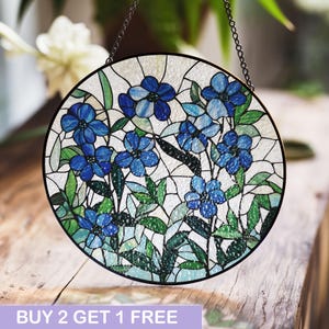 Blue Floral Stained Glass Window Panel - Vibrant Round Sun Catcher for Nature and Garden-Themed Home Decoration