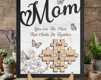 Custom Mom Wooden Puzzle Frame with Names, Personalized Family Gift for Mother’s Day, Butterfly Floral Mom Decor
