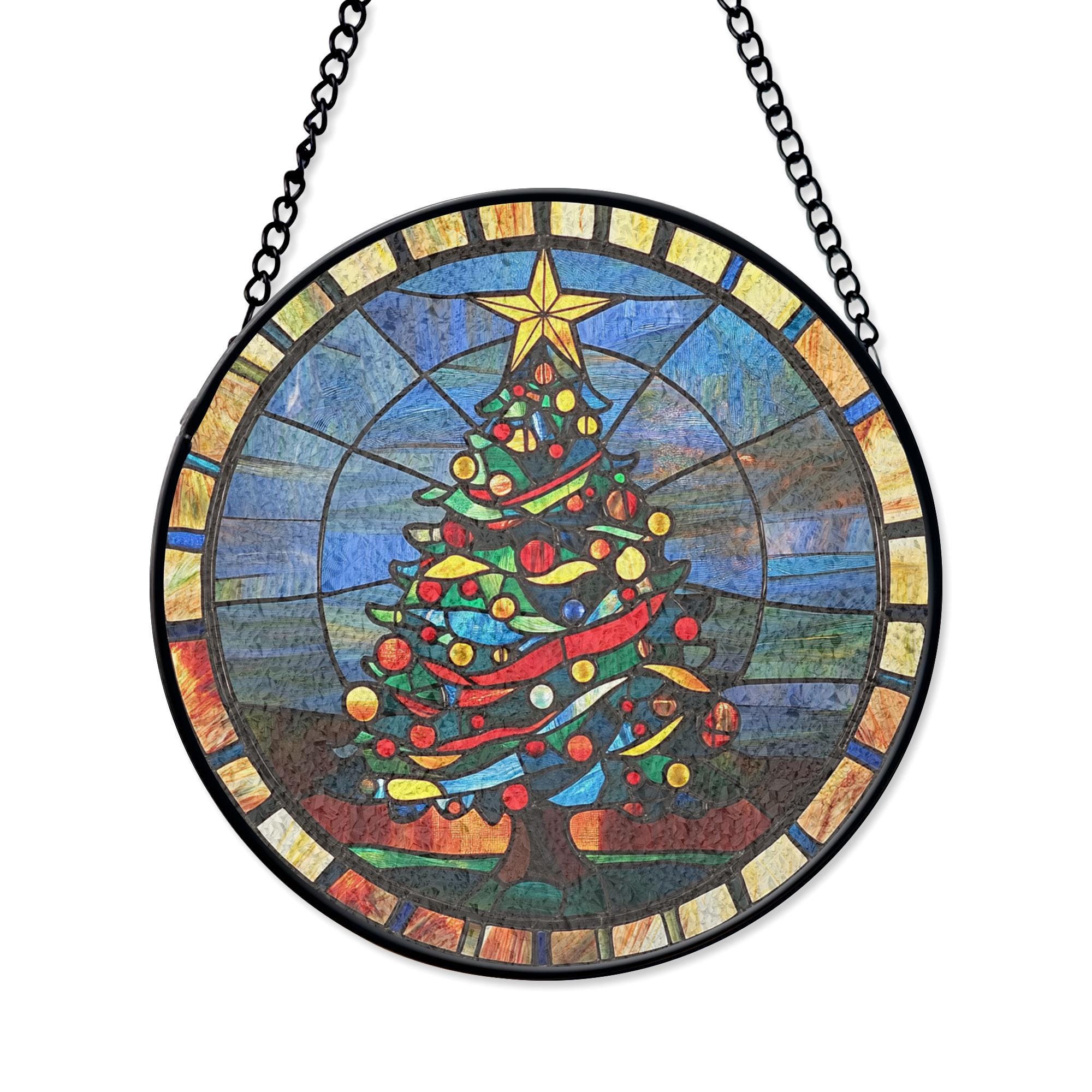 クリスマスツリーのステンドグラスの窓吊り、装飾品と星の付いた