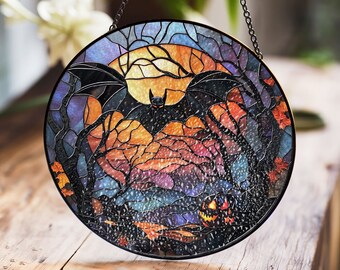 Gothic Bat and Moon Suncatcher, Halloween Stained Glass Horror Decor, Spooky Window Hanging, Dark Witchy Wall Art, Unique Halloween Gift