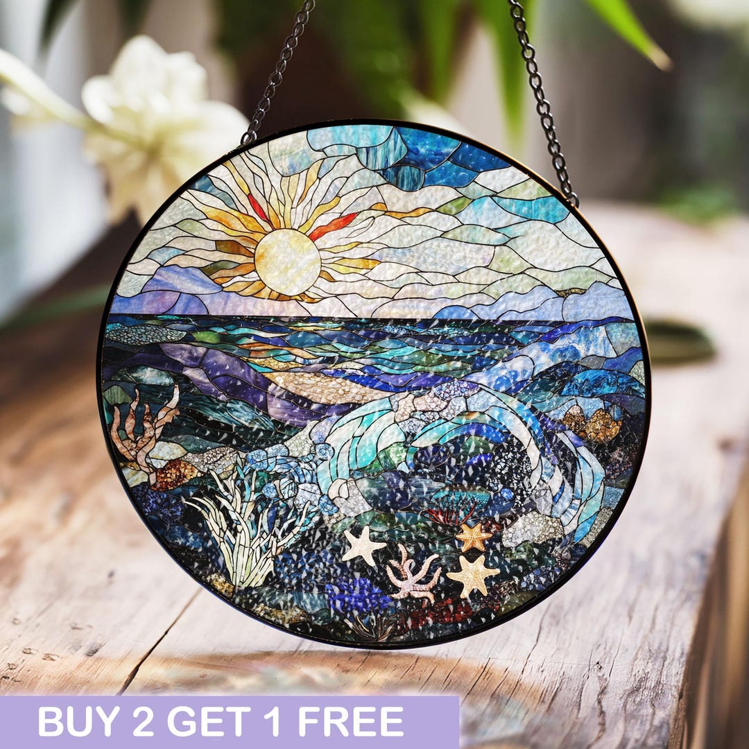 Ocean Sunset and Coral Reef Stained Glass Window Hanging, Vibrant ...