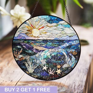 Ocean Sunset and Coral Reef Stained Glass Window Hanging, Vibrant Coastal Art for Home Decor