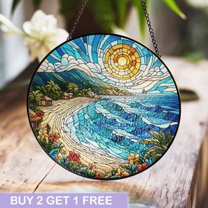Tropical Beach Stained Glass Art – Serene Coastal Sunset Window Decor for Beach Lovers and Summer Vibes