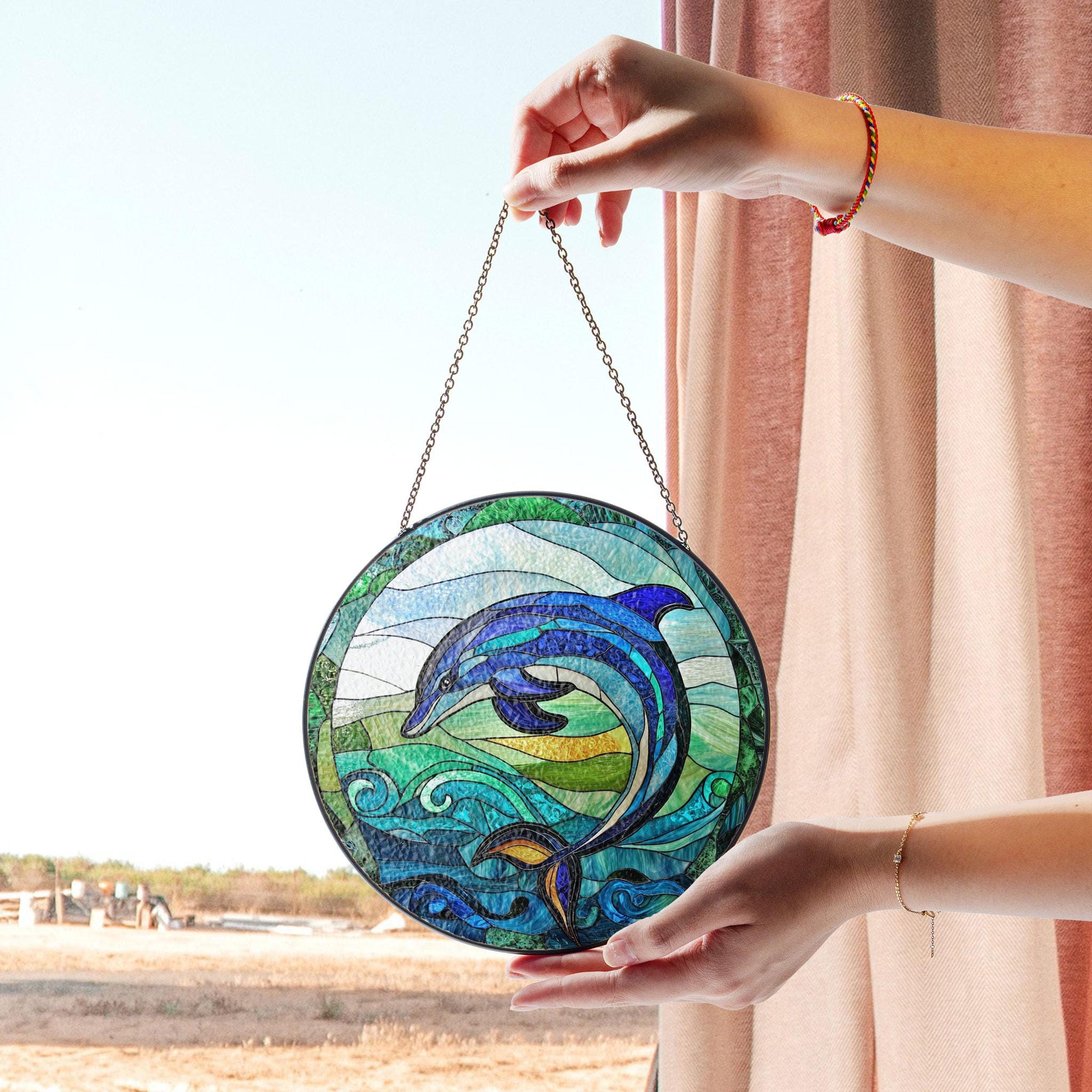 イルカのステンドグラスアートパネル - 海の波模様の円形窓掛け - Etsy