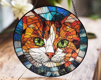 Bright Orange Cat Stained Glass Window Hanging with Vibrant Colors and Green Eyes