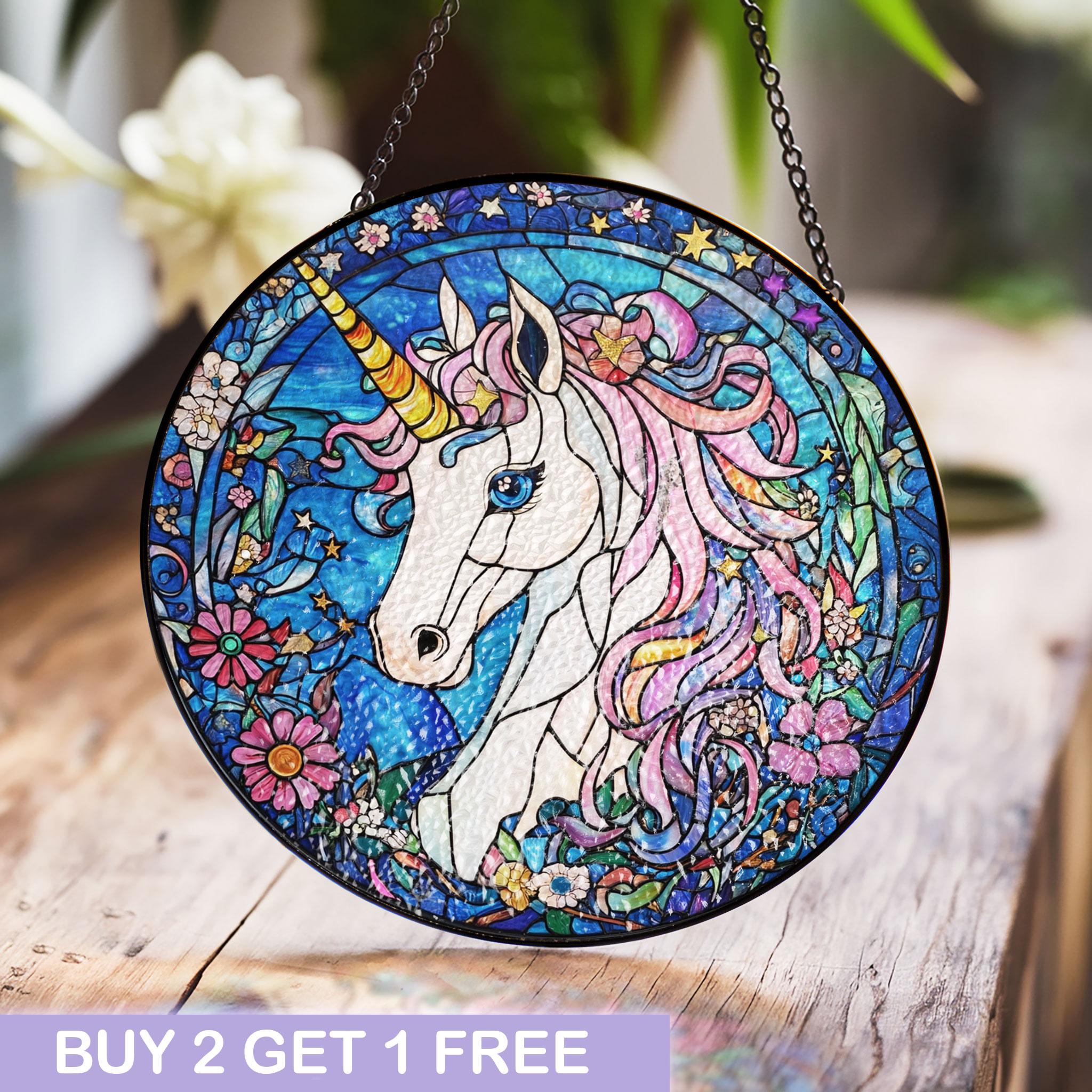 Magical Unicorn Stained Glass Window Panel With Flowers and Stars