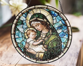 Mary and Jesus Stained Glass Suncatcher, Religious Icon Window Art, Spiritual Theme, Christian Home Decor, Gift for Believers