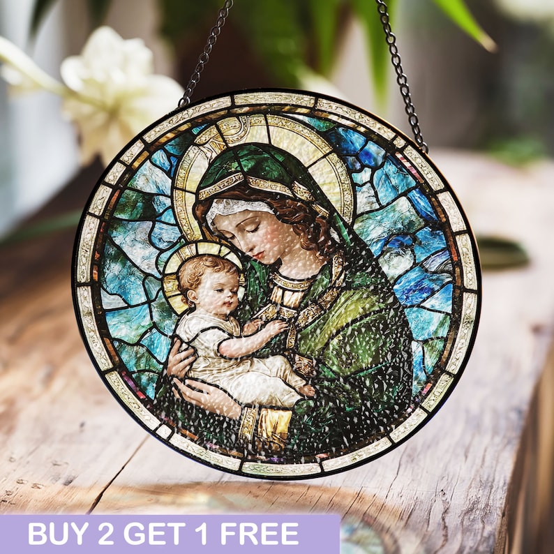Mary and Jesus Stained Glass Suncatcher, Religious Icon Window Art ...