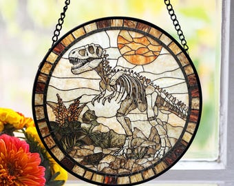 Dinosaur Skeleton Stained Glass Suncatcher, Prehistoric Window Decor, Fossil Theme Stained Glass , Paleontology Lover, Birthday Gift Idea