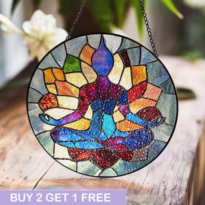 Yoga glas-in-lood zonnevanger, chakra-meditatie raamkunst, decor lotus zen, spiritueel huisaccent, cadeau energiehealing, yogakamerdecor