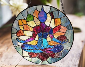 Yoga glas-in-lood zonnevanger, chakra-meditatie raamkunst, decor lotus zen, spiritueel thuisaccent, cadeau energiehealing, yogakamerdecor