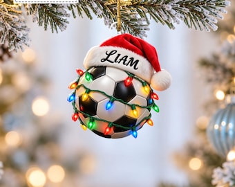 Custom Soccer Ball Wearing Santa Hat Twinkle String Lights Bauble, Football Sports Player Keepsake Pendant, Gift for Grandson