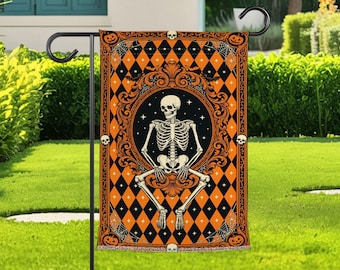 Vintage Skeleton Garden Flag For Halloween Decor, Gothic Skull Yard Flag, Spooky Pumpkin Porch Banner, Haunted Garden Sign