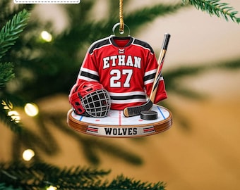 Custom Red Ice Hockey Jersey Helmet Stick Puck Rink Bauble, Youth Sports Team Player Keepsake Pendant, Gift for Son