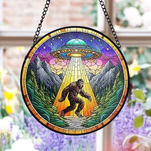 Funny UFO Abduction Bigfoot Stained Glass Suncatcher, Funny Alien Abduction Art, Cryptid Window Hanging, Sasquatch Lover Gift, Sci-Fi Decor