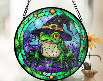 Frog Stained Glass Suncatcher, Witch Hat Halloween Decor, Whimsical Spooky Style, Amphibian Lovers, Unique Fall Gift
