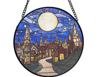 輝く月明かりの村のステンドグラスアート - 明るい月と星空の夜の建築