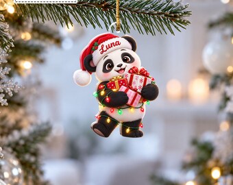 Custom Cute Panda Bear Holding Presents Santa Hat Lights Bauble, Adorable Wildlife Animal Keepsake Pendant, Gift for Kids