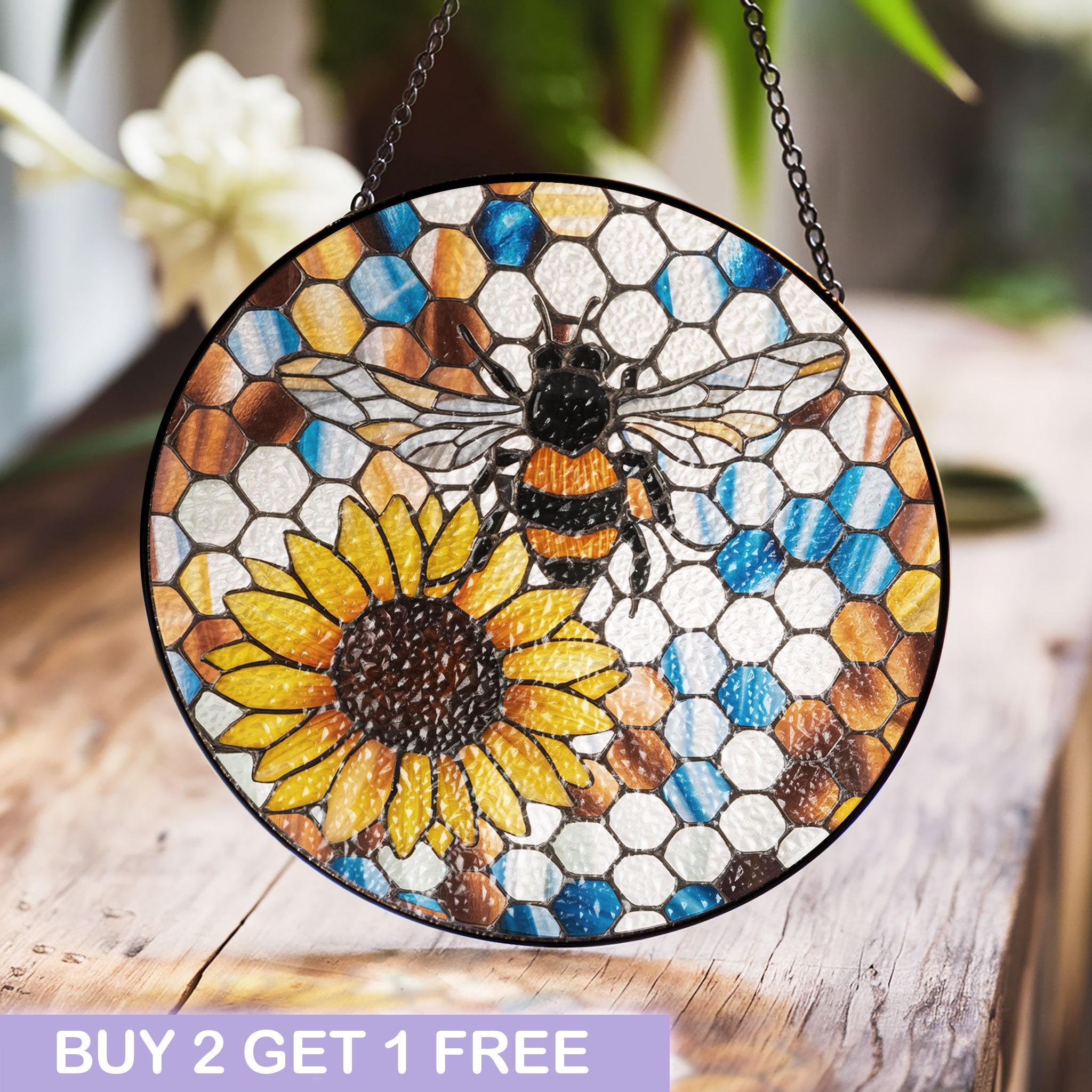 マルハナバチとひまわりのステンドグラスのサンキャッチャー – 自然