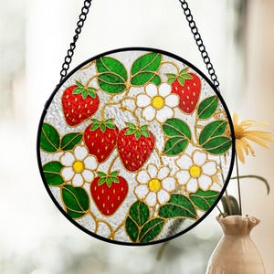 Strawberry Flower Stained Glass Suncatcher, Vibrant Window Decor, Cottagecore Garden Theme, Gift for Mom Grandma, Kitchen Accent