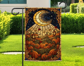 Autumn Pumpkin Patch Garden Flag, Crescent Moon Fall Garden Flag, Halloween Harvest Yard Flag, Thanksgiving Porch Decor Art