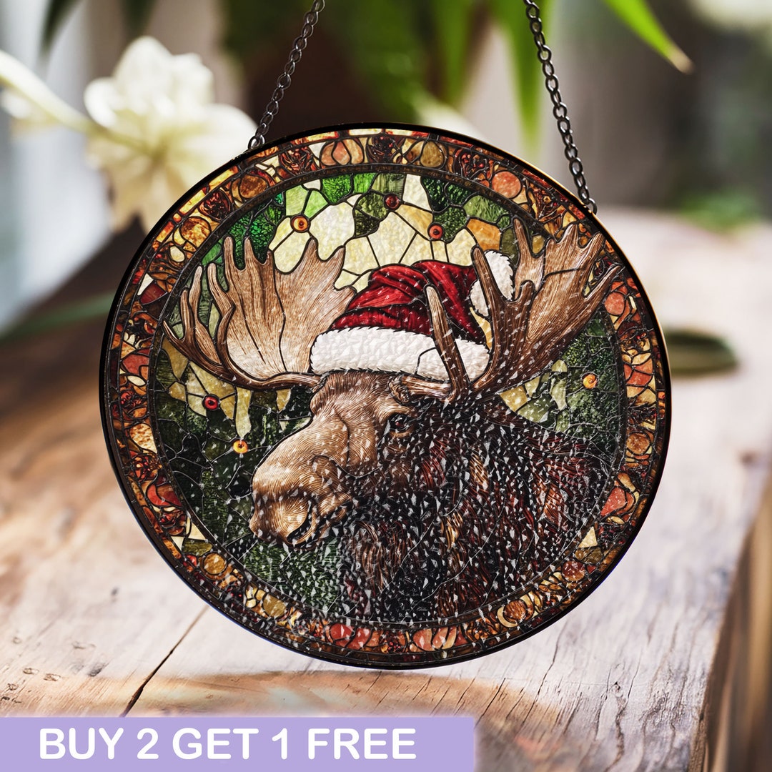 Festive Moose Stained Glass Window Hanging - Christmas Suncatcher