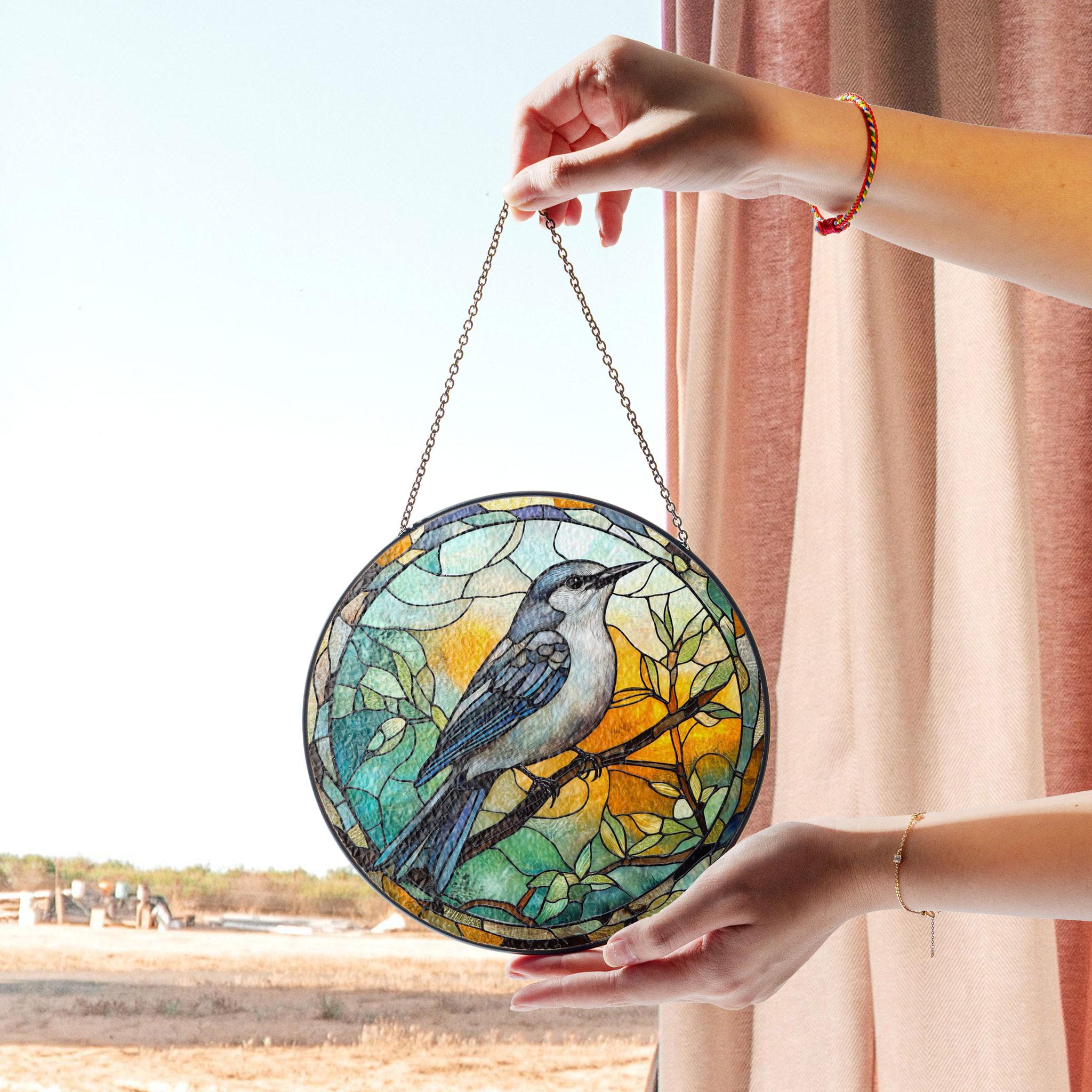 Mocking Window Mockingbird Stained Glass Window Panel With Vibrant Yellow and Green ...