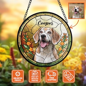 Custom Pet Stained Glass Suncatcher, Dog Portrait Window Decor, Custom Name Dog Suncatcher, Personalized Gift for Pet Owners, Dog Memorial