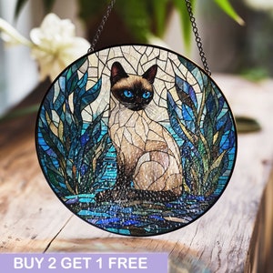 Siamese Cat Stained Glass Window Art – Captivating Feline Design for Home Decor