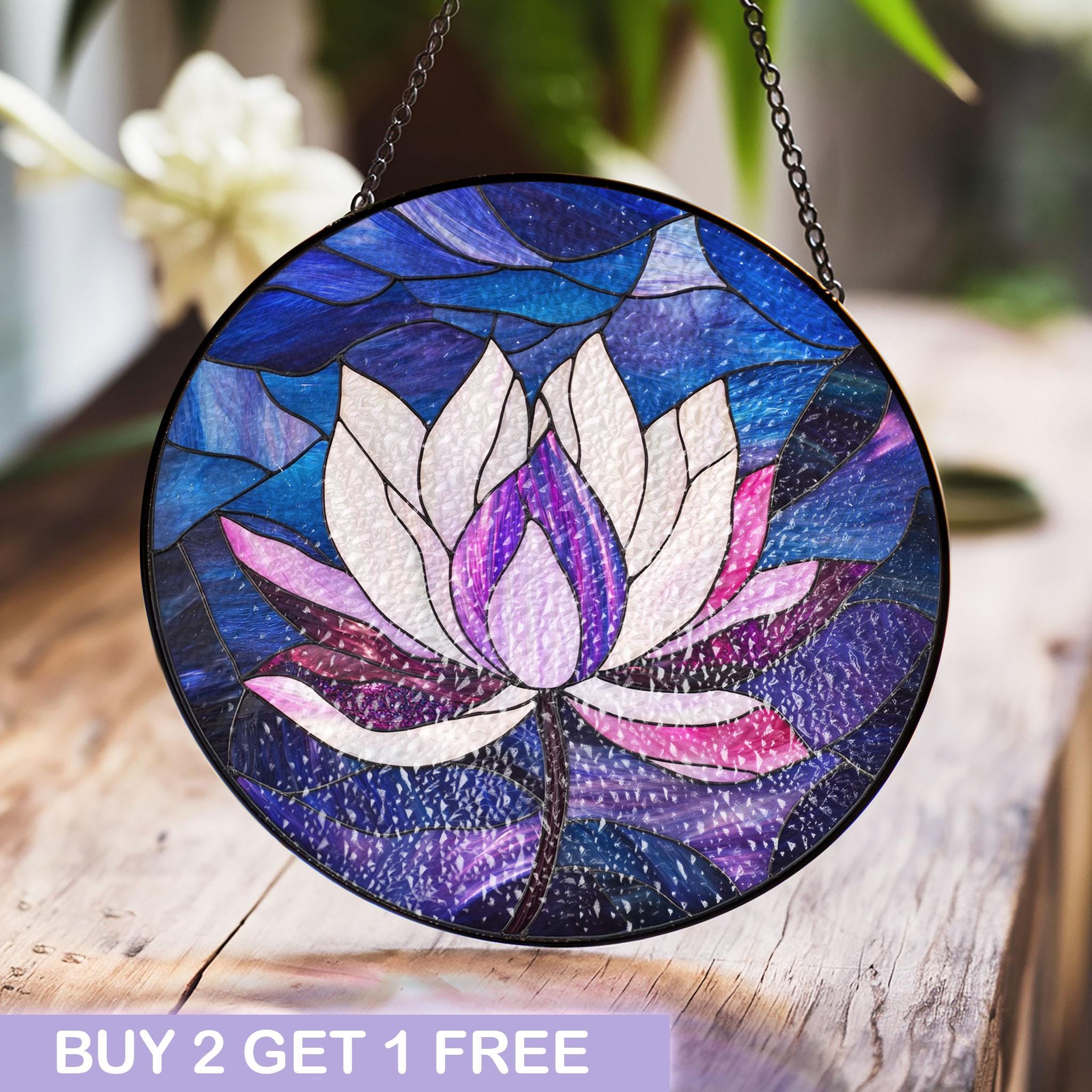 Lotus Flower Stained Glass Window Hanging, Elegant Floral Art for