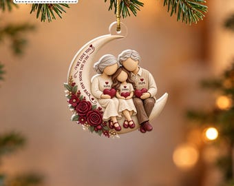 Custom Grandparents Holding Granddaughter Crescent Moon Roses Bauble, Celestial Family Love Keepsake Pendant, Gift for Nana Papa