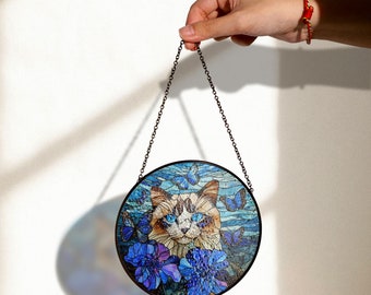 青い目の猫と蝶と花のステンドグラスアート - 気まぐれな猫の自然風景
