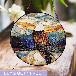 Bald Eagle Stained Glass Window Hanging - Majestic Mountain Scene Suncatcher