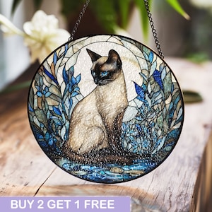 Siamese Cat Stained Glass Suncatcher, Blue Floral Window Decor, Art Nouveau Style, Cat Mom Gift, Cat Lover Gift Idea