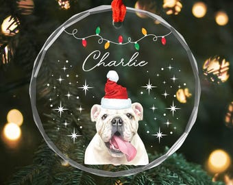 May include: A clear, round Christmas ornament with a red ribbon. The ornament features a white bulldog wearing a Santa hat, with the name "Charlie" written above. A string of Christmas lights and stars decorate the background.
