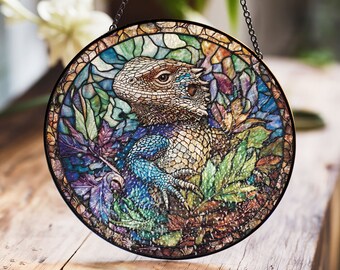 Gebrandschilderd glaspaneel hagedis - Levendige reptielen- en bosbladkunst voor uniek natuurdecor