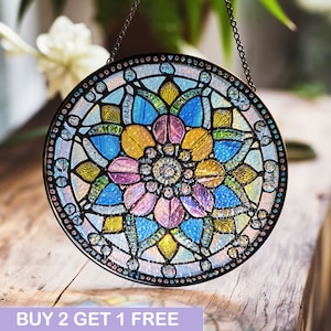 Stained Glass Mandala Suncatcher – Colorful Geometric Flower Design for Bright Window Decor
