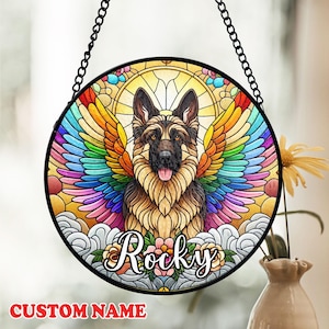 Custom Name German Shepherd Stained Glass Suncatcher, Custom Name Pet Memorial, Rainbow Wings Decor, Dog Lovers, Pet Loss Gift