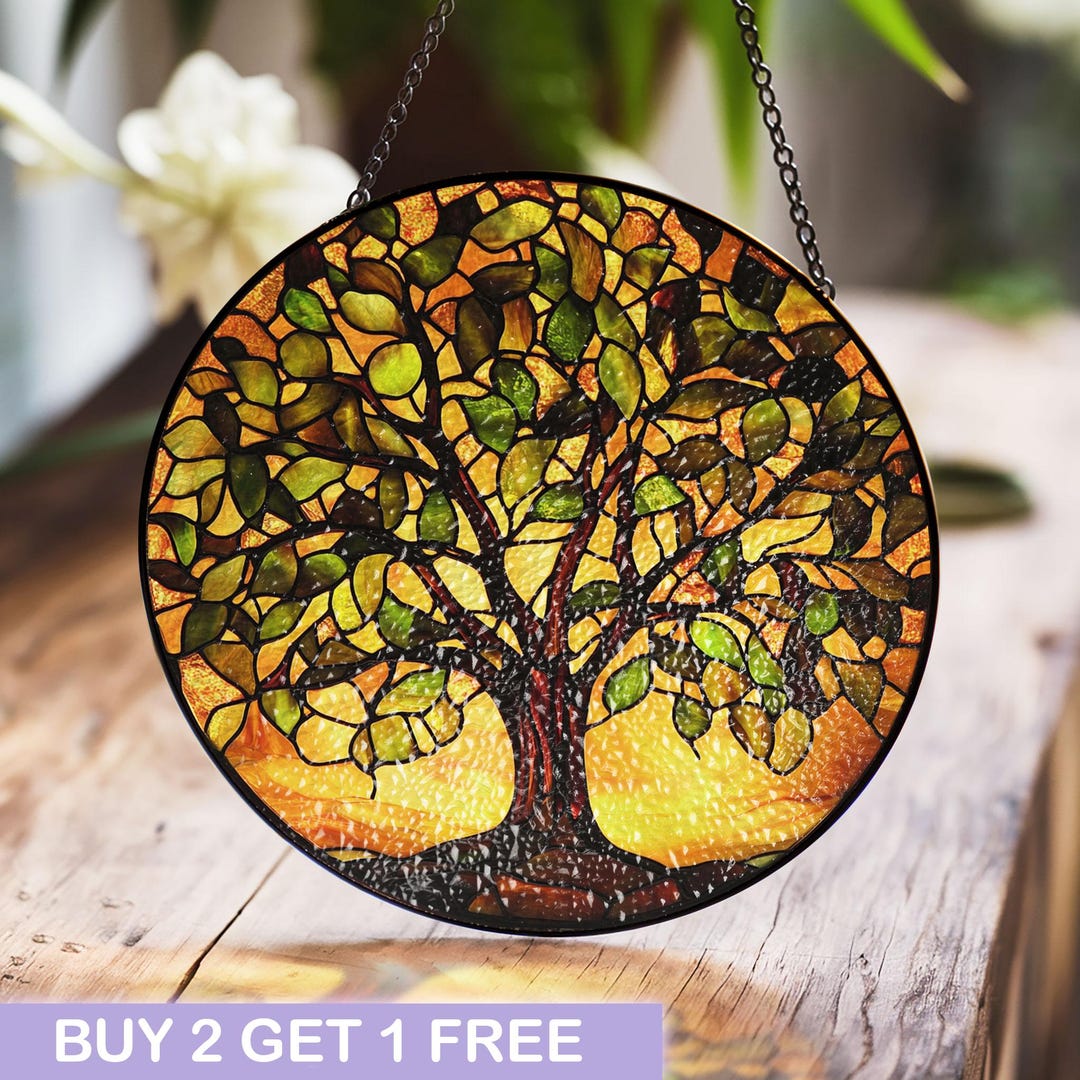 Tree of Life Stained Glass Window Hanging in Warm Earth Tones, Nature ...