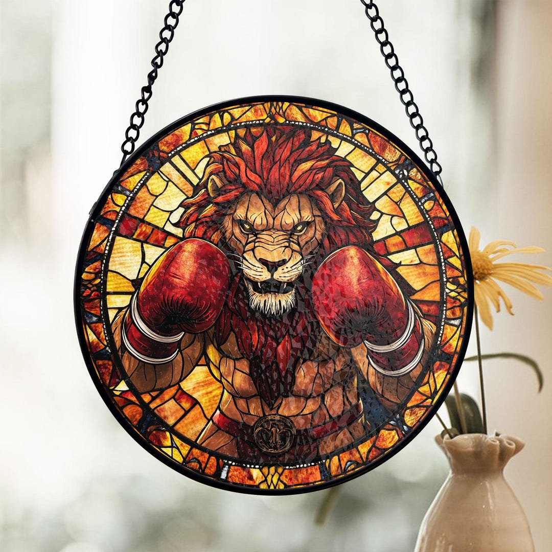 Boxing Lion Stained Glass Suncatcher, Bold Fighter Window Art, Sports ...
