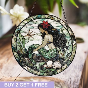 Mermaid Stained Glass Suncatcher, Ocean Theme Art, Coastal Window Decor, Beach Lover Gift, Mystical Mermaid Art