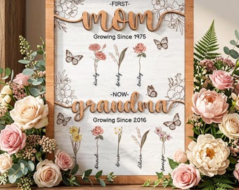 Custom Grandma Birth Flower Frame, Personalized Family Flower Sign, Mother’s Day Gift, First Mom to Grandma Keepsake, Floral Decor