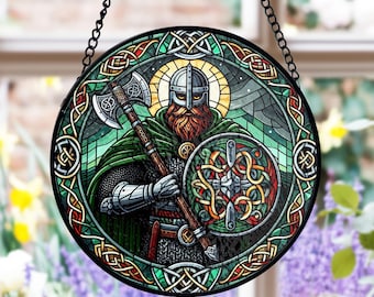 Atrapasueños de vitral de guerrero vikingo, decoración de escudo con nudo celta, estilo de la mitología nórdica, para amantes de la historia, regalo nórdico para él, regalo para papá