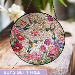Beauty Hummingbirds & Wildflowers Stained Glass Suncatcher - Nature-Inspired Window Art