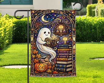 Spooky Ghost Reading Garden Flag, Halloween Witch Library Yard Flag, Cute Pumpkin Spell Books Outdoor Decor Garden Banner