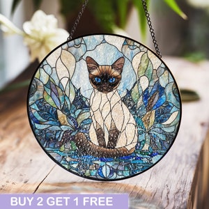 Elegant Stained Glass Siamese Cat Window Hanging – Art for Home Decor