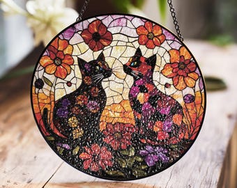 猫と花の3Dガラス絵画：ステンドグラス窓用吊り下げ（21インチ×17