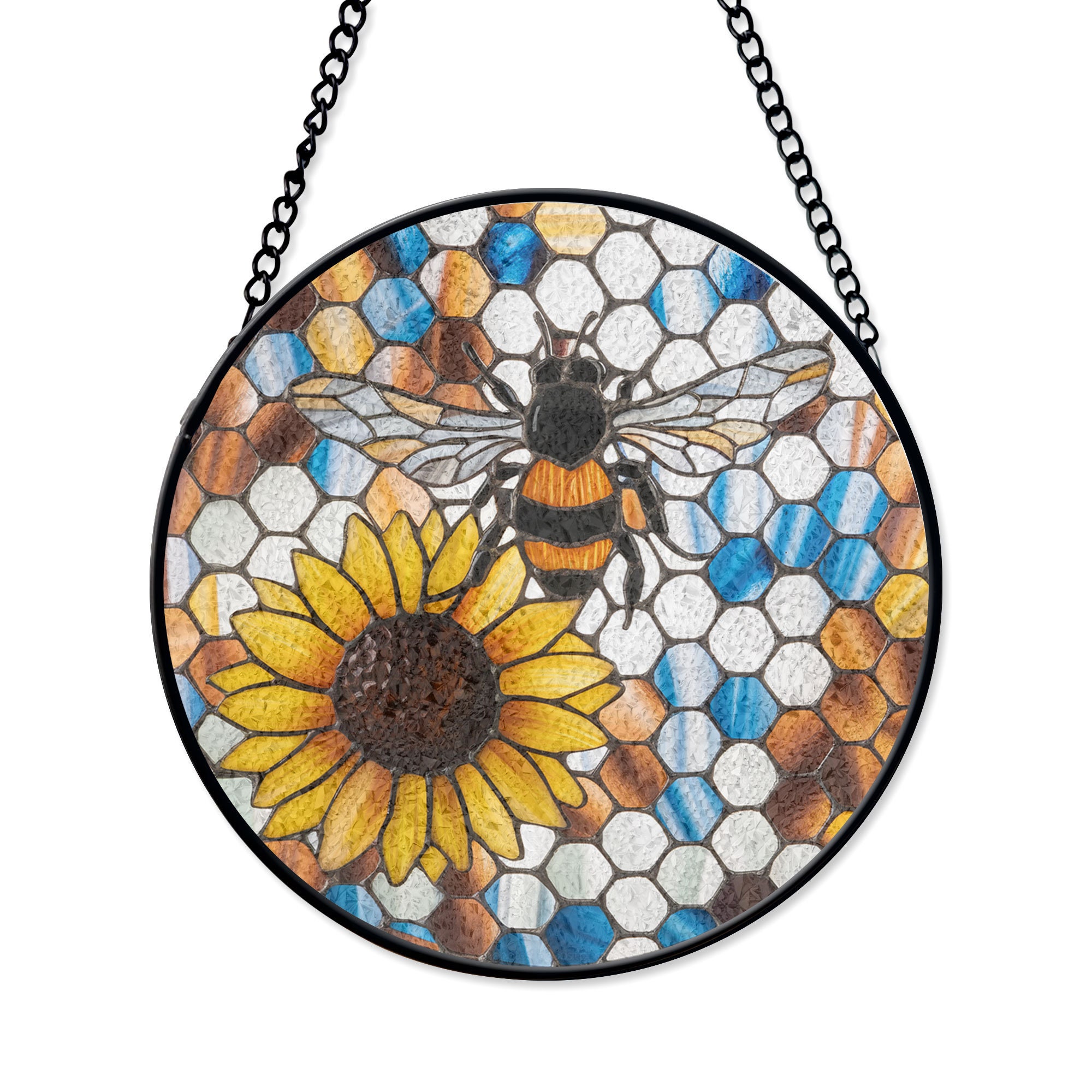 マルハナバチとひまわりのステンドグラスのサンキャッチャー – 自然