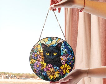ステンドグラスの黒猫と花のサンキャッチャー、トラ猫のステンドグラス